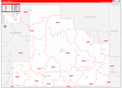 Shelby County, IL Wall Map Zip Code Red Line Style 2023