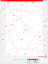Shelby County, IN Wall Map Zip Code Red Line Style 2024