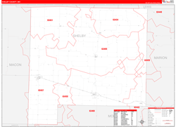 Shelby County, MO Wall Map Zip Code Red Line Style 2024