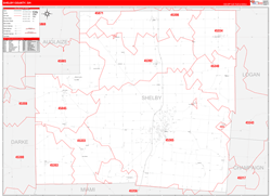 Shelby County, OH Wall Map Zip Code Red Line Style 2024