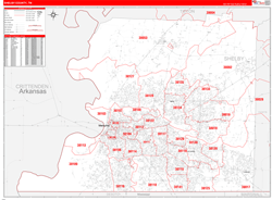 Shelby County, TN Wall Map Zip Code Red Line Style 2024