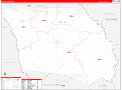 Shelby County, TX Wall Map Zip Code Red Line Style 2024