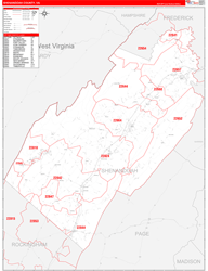 Shenandoah County, VA Wall Map Zip Code Red Line Style 2024
