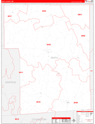 Smith County, MS Wall Map Zip Code Red Line Style 2024