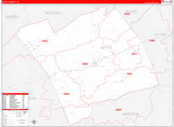 Smyth County, VA Wall Map Zip Code Red Line Style 2024