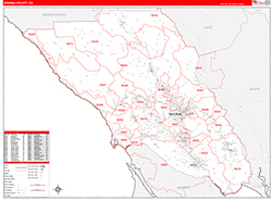 Sonoma County, CA Wall Map Zip Code Red Line Style 2026