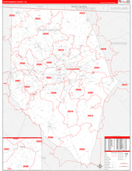 Spartanburg County, SC Wall Map Zip Code Red Line Style 2024