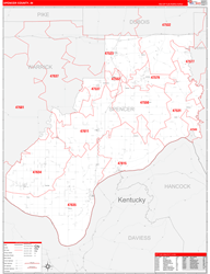 Spencer County, IN Wall Map Zip Code Red Line Style 2024