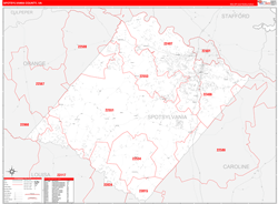 SpotsylvaniaCounty, VA Wall Map Zip Code Red Line Style 2024