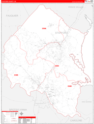 Stafford County, VA Wall Map Zip Code Red Line Style 2024