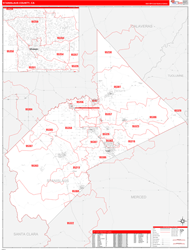 Stanislaus County, CA Wall Map Zip Code Red Line Style 2024
