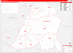Stanly County, NC Wall Map Zip Code Red Line Style 2024