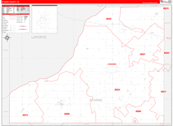 Starke County, IN Wall Map Zip Code Red Line Style 2024