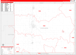 Stephens County, OK Wall Map Zip Code Red Line Style 2024