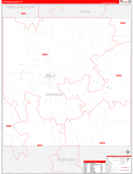 Stephens County, TX Wall Map Zip Code Red Line Style 2024