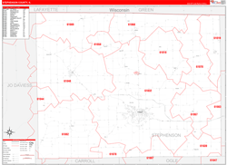 Stephenson County, IL Wall Map Zip Code Red Line Style 2024