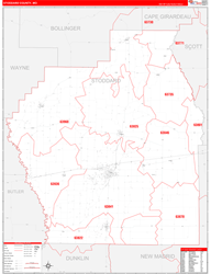 Stoddard County, MO Wall Map Zip Code Red Line Style 2024