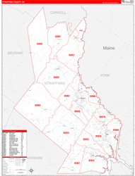 Strafford County, NH Wall Map Zip Code Red Line Style 2024