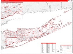 Suffolk County, NY Wall Map Zip Code Red Line Style 2024