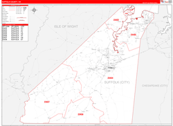 Suffolk County, VA Wall Map Zip Code Red Line Style 2024