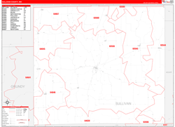 Sullivan County, MO Wall Map Zip Code Red Line Style 2024