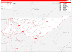 Sullivan County, TN Wall Map Zip Code Red Line Style 2024