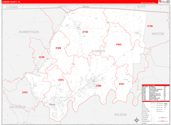 Sumner County, TN Wall Map Zip Code Red Line Style 2024