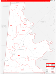 Sumter County, AL Wall Map Zip Code Red Line Style 2024