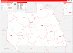 Sumter County, GA Wall Map Zip Code Red Line Style 2024