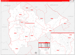 Sumter County, SC Wall Map Zip Code Red Line Style 2023