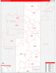 Sunflower County, MS Wall Map Zip Code Red Line Style 2024