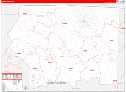 Surry County, NC Wall Map Zip Code Red Line Style 2024