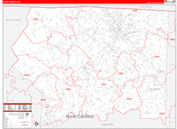Surry County, NC Wall Map Zip Code Red Line Style 2026