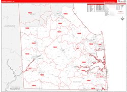 Sussex County, DE Wall Map Zip Code Red Line Style 2024