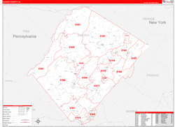 Sussex County, NJ Wall Map Zip Code Red Line Style 2024