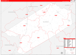Sussex County, VA Wall Map Zip Code Red Line Style 2024