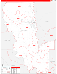Sutter County, CA Wall Map Zip Code Red Line Style 2024