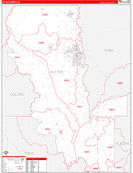 Sutter County, CA Wall Map Zip Code Red Line Style 2026