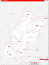 Talladega County, AL Wall Map Zip Code Red Line Style 2024