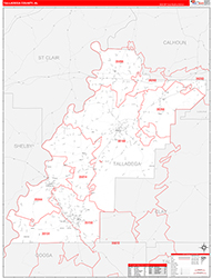 Talladega County, AL Wall Map Zip Code Red Line Style 2026