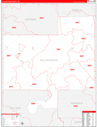 TallahatchieCounty, MS Wall Map Zip Code Red Line Style 2024