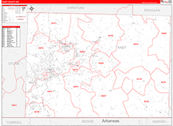 Taney County, MO Wall Map Zip Code Red Line Style 2026