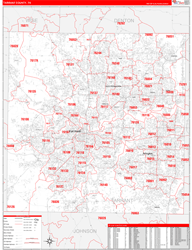 Tarrant County, TX Wall Map Zip Code Red Line Style 2024