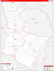 Tattnall County, GA Wall Map Zip Code Red Line Style 2026