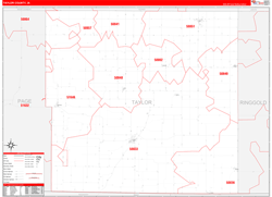 Taylor County, IA Wall Map Zip Code Red Line Style 2024