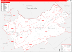 Tazewell County, VA Wall Map Zip Code Red Line Style 2024