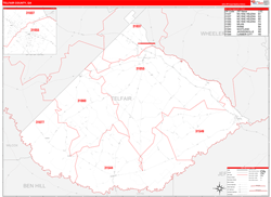 Telfair County, GA Wall Map Zip Code Red Line Style 2024