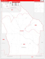 Terrell County, GA Wall Map Zip Code Red Line Style 2024