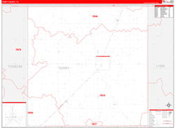 Terry County, TX Wall Map Zip Code Red Line Style 2024