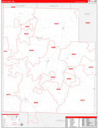 Texas County, MO Wall Map Zip Code Red Line Style 2024